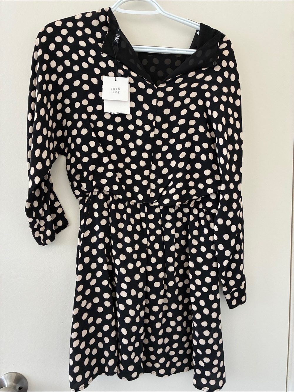 Zara Black Long-Sleeve Dress with Cream Polka Dots